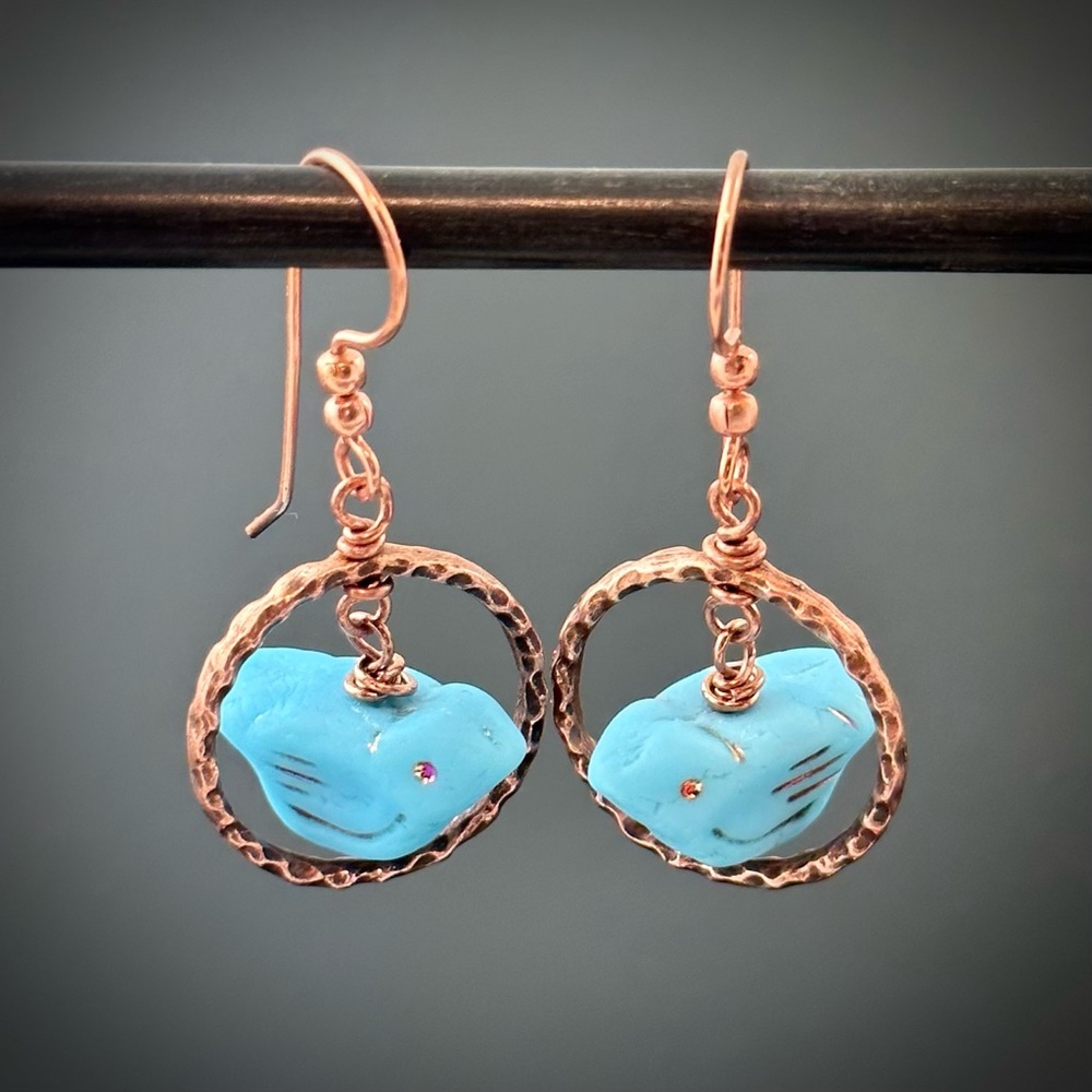 Handmade Artisan Earrings, Sky Blue Czech Glass Birds Suspended In Copper Hoops